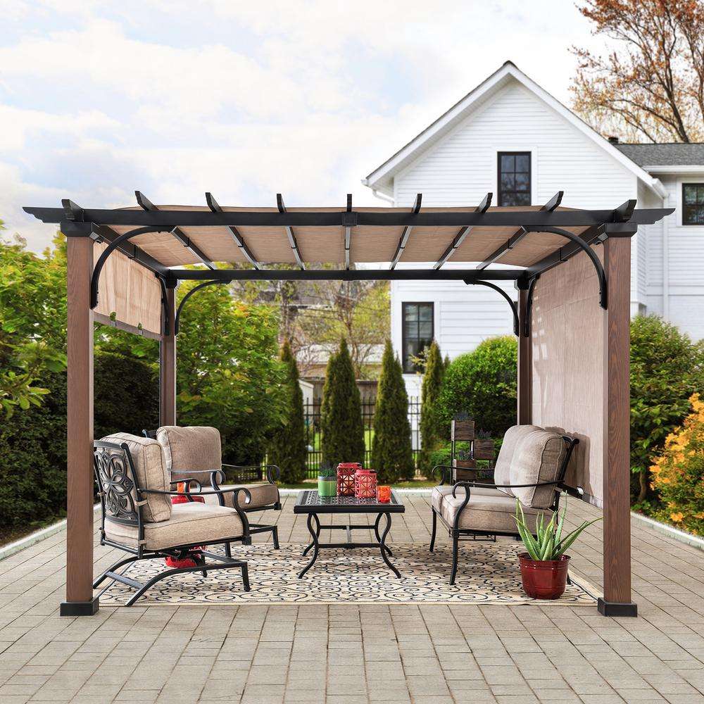 Neuralia 10 ft. x 10 ft. Steel Pergola with Natural Wood Looking Finish ...