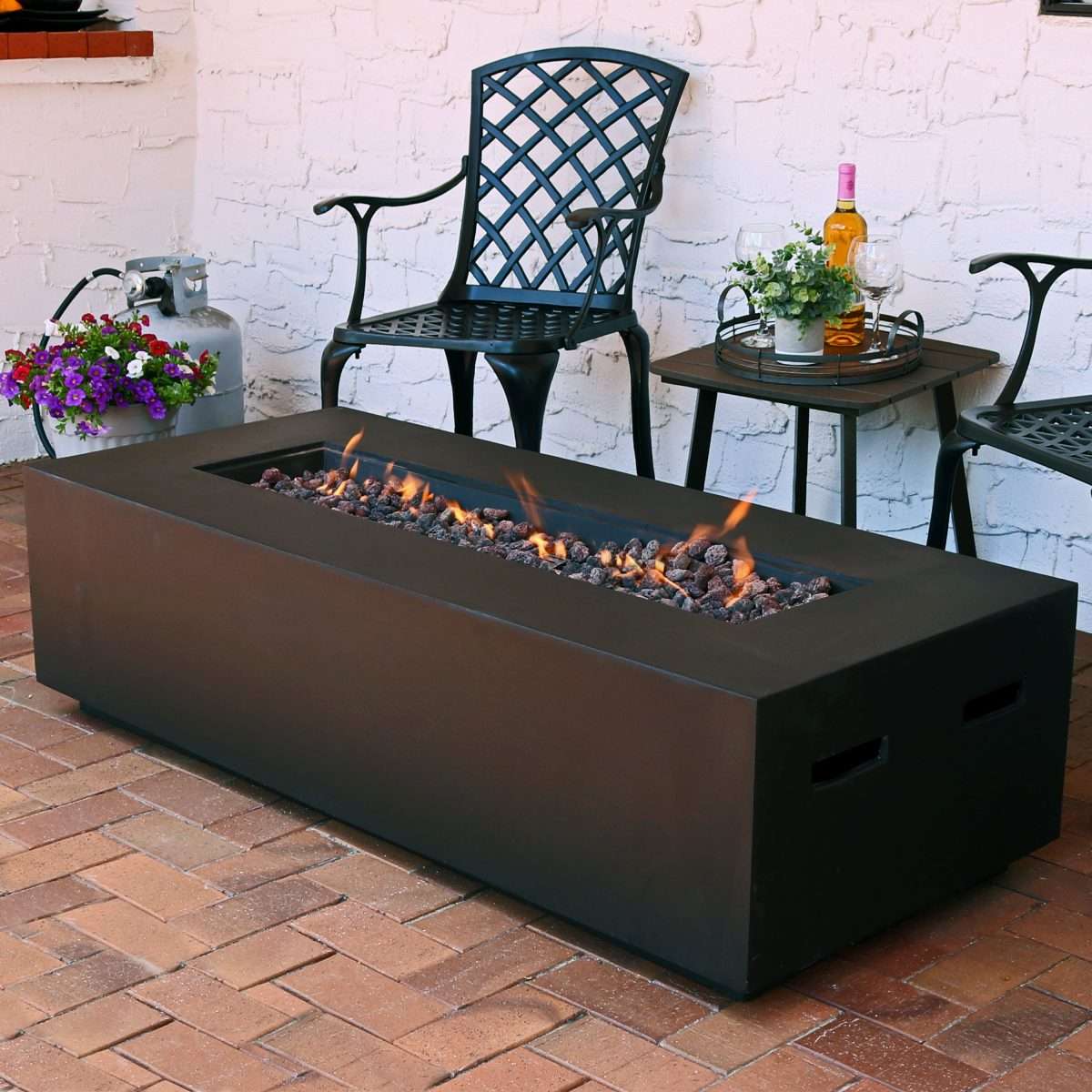 Sunnydaze Brown LP Gas Modern Fire Pit Coffee Table w/ Cover &  Lava ...
