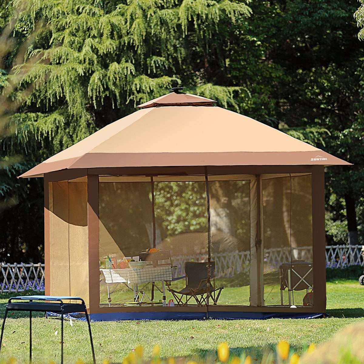 Suntime Outdoor Pop Up Gazebo Canopy with Mosquito Netting and Solar ...