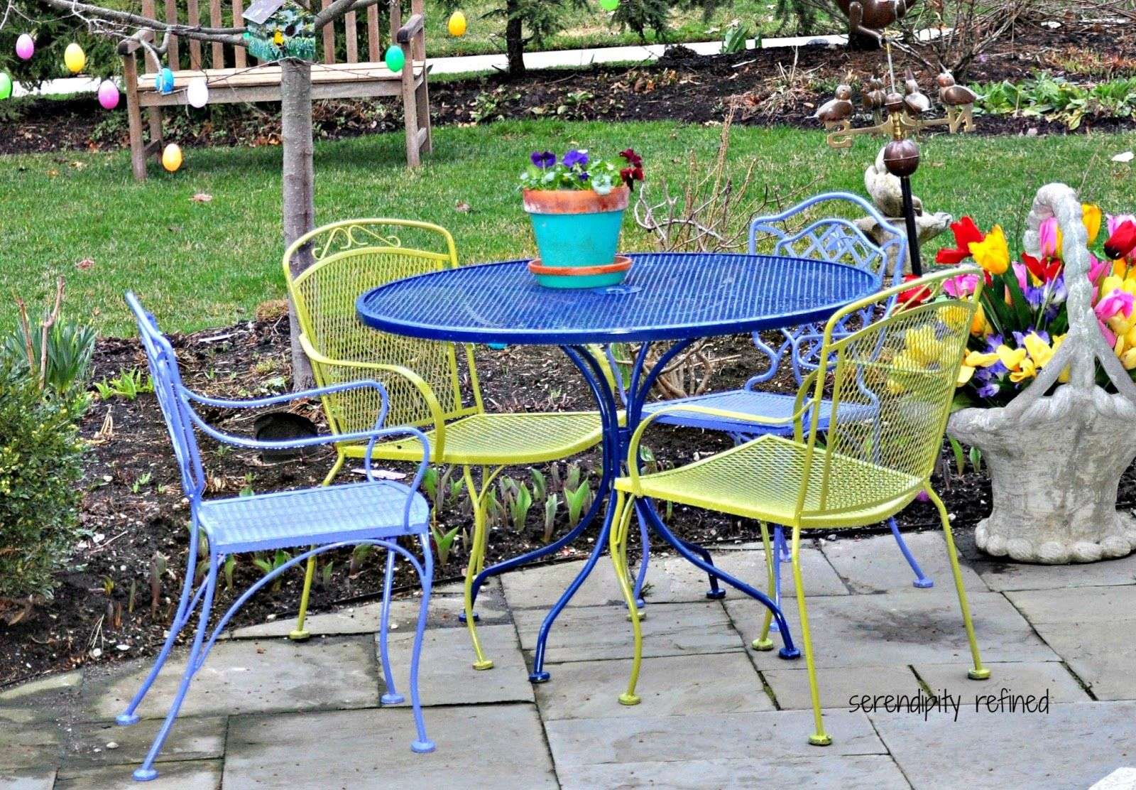 Brightly colored, spray painted outdoor patio furniture by ...