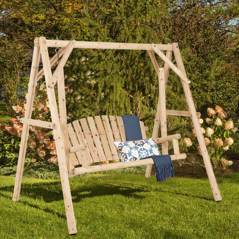 Giantex Rustic Wooden Porch Swing Bench W/A Frame Stand Set Natural ...