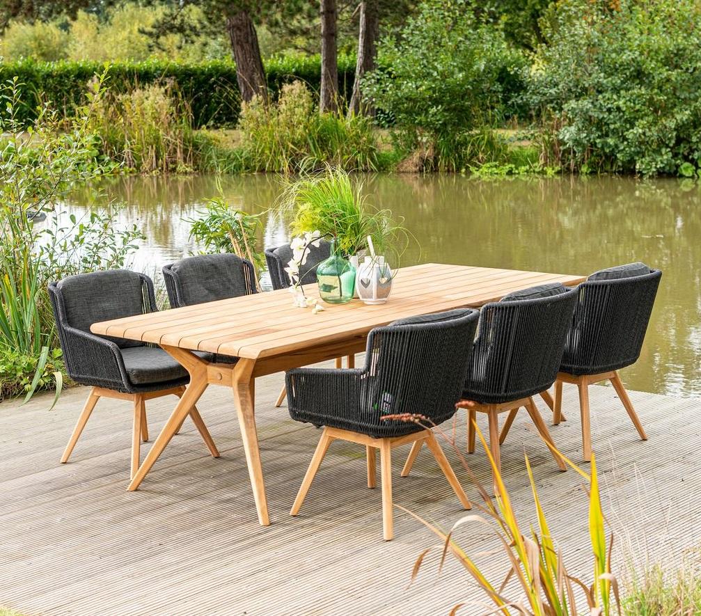 Modern Teak Garden Dining Table &  6 x Linear Rope Weave Dining Chairs