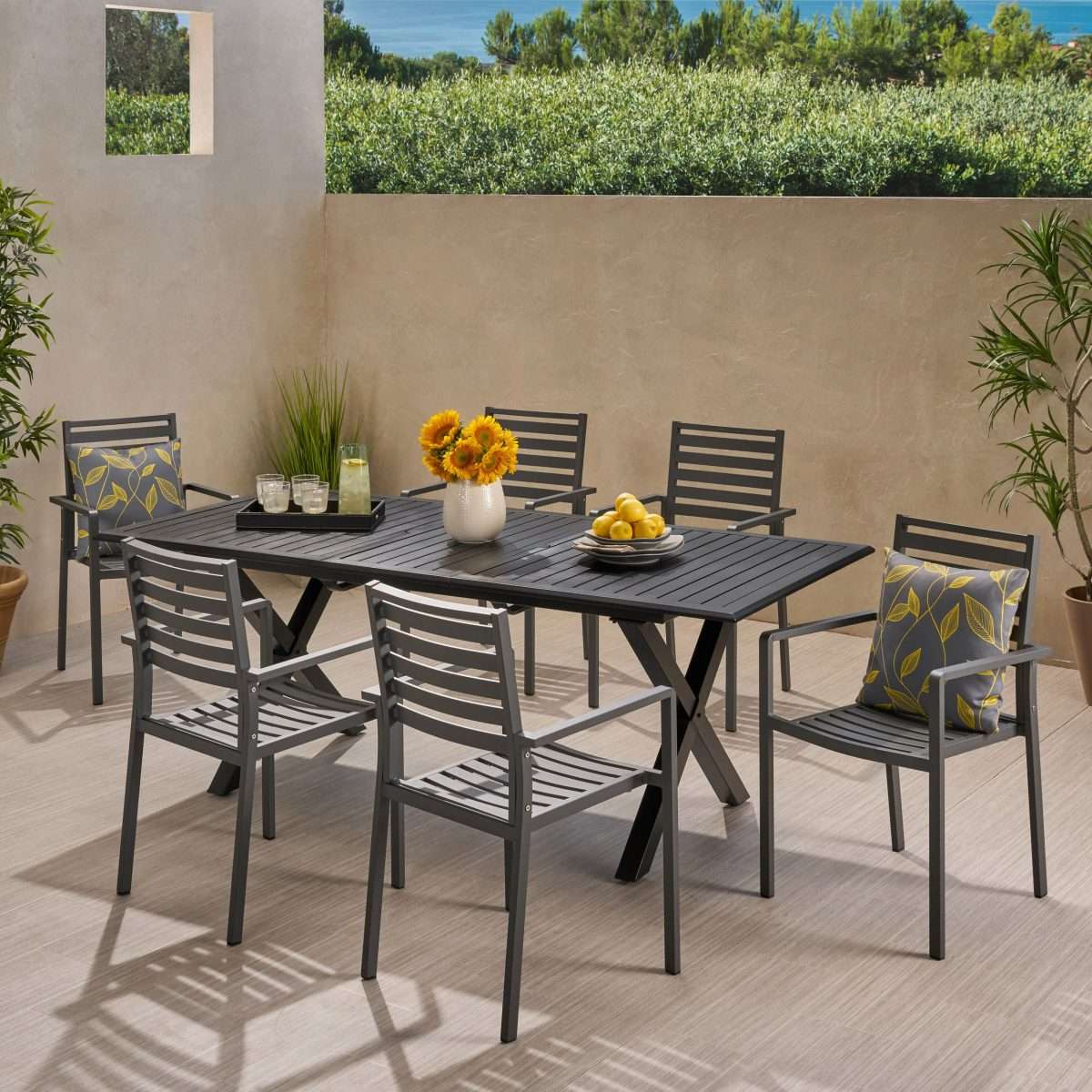Noxx Outdoor Modern 6 Seater Aluminum Dining Set with Expandable Table ...