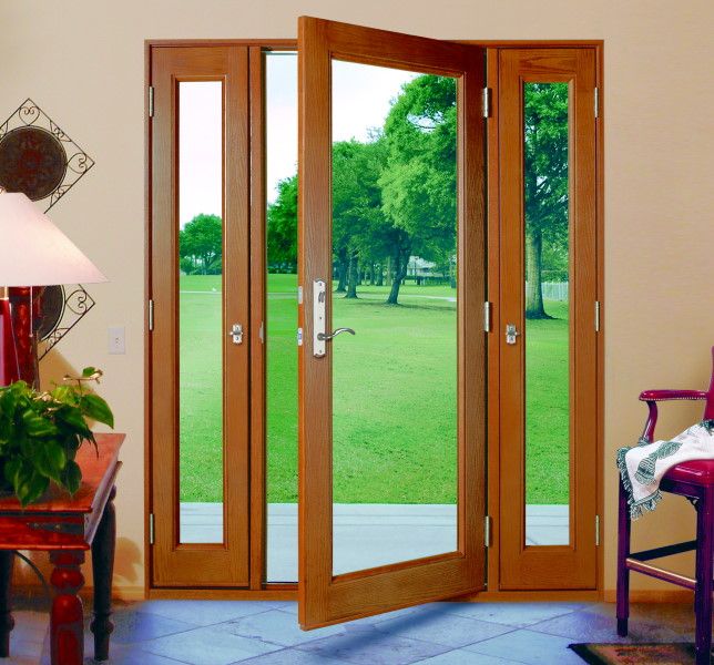 three panel glass doors with side panels that open